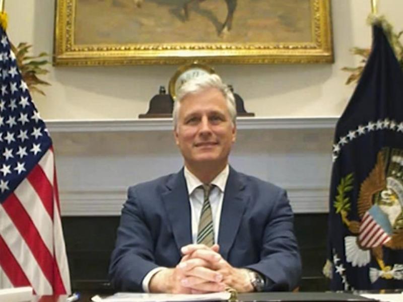National security adviser Robert O'Brien is seen at the virtual ASEAN summit on Saturday. National security adviser Robert O'Brien is seen at the virtual ASEAN summit on Saturday.
