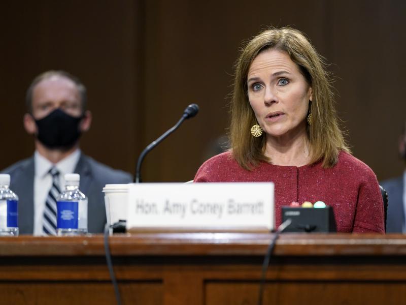 Supreme Court nominee Amy Coney Barrett speaks during a confirmation hearing before the Senate Judiciary Committee on Tuesday. Supreme Court nominee Amy Coney Barrett speaks during a confirmation hearing before the Senate Judiciary Committee on Tuesday.