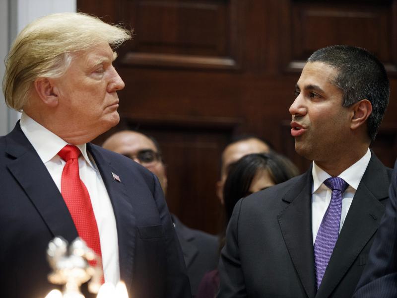 President Trump talks with FCC Chairman Ajit Pai at the White House in November. Under Pai, the FCC repealed Obama-era net neutrality rules. A federal court is reviewing that decision in oral arguments. President Trump talks with FCC Chairman Ajit Pai at the White House in November. Under Pai, the FCC repealed Obama-era net neutrality rules. A federal court is reviewing that decision in oral arguments.