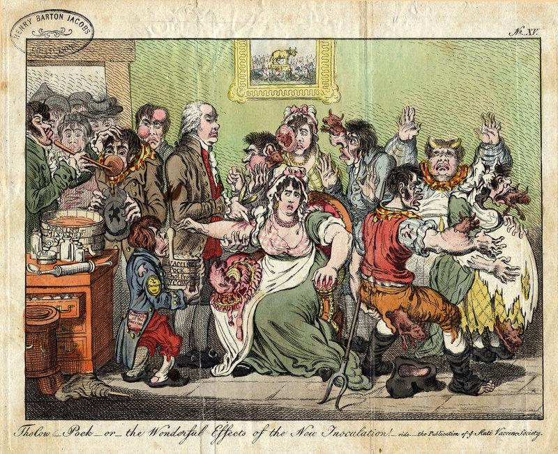 This did not really happen. Cows' heads did not emerge from the bodies of people newly inoculated against smallpox. But fear of the vaccine was so widespread that it prompted British satirist James Gillray to create this spoof in 1802. This did not really happen. Cows' heads did not emerge from the bodies of people newly inoculated against smallpox. But fear of the vaccine was so widespread that it prompted British satirist James Gillray to create this spoof in 1802.