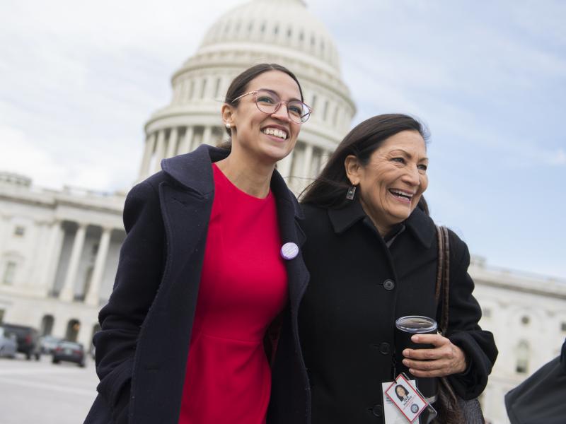 Democratic Rep.-elect Alexandria Ocasio-Cortez of New York (left) has pledged to pay her interns $15 an hour. She is seen here with Democratic Rep.-elect Deb Haaland of New Mexico. Democratic Rep.-elect Alexandria Ocasio-Cortez of New York (left) has pledged to pay her interns $15 an hour. She is seen here with Democratic Rep.-elect Deb Haaland of New Mexico.