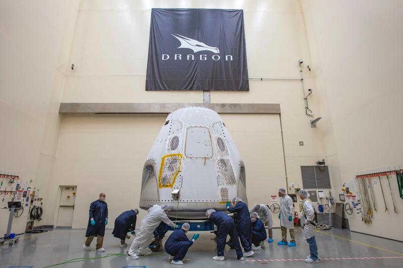 The SpaceX Crew Dragon spacecraft is prepared for its first crewed launch from American soil. It arrived at the launch site on Feb. 13. The SpaceX Crew Dragon spacecraft is prepared for its first crewed launch from American soil. It arrived at the launch site on Feb. 13.