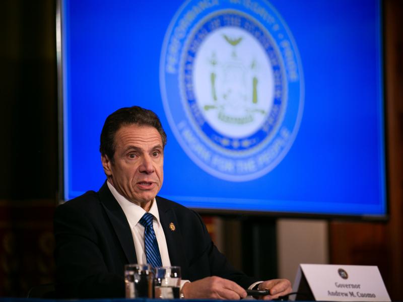 New York Gov. Andrew Cuomo, seen in April, says the state's daily hospitalizations and deaths are down dramatically. New York Gov. Andrew Cuomo, seen in April, says the state's daily hospitalizations and deaths are down dramatically.