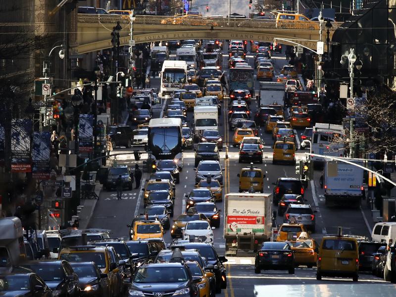 After gaining approval from state lawmakers, New York will become the first U.S. city to levy fees on motorists who drive on some of its most congested streets. Here, traffic fills 42nd Street in Midtown Manhattan in January 2018. After gaining approval from state lawmakers, New York will become the first U.S. city to levy fees on motorists who drive on some of its most congested streets. Here, traffic fills 42nd Street in Midtown Manhattan in January 2018.
