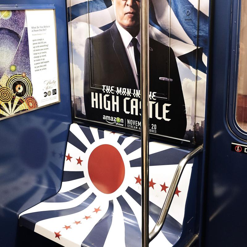 The ads for The Man In The High Castle were pulled from the New York subway. Part of the advertisement covered seats in a design that evoked Japan's rising sun flag. The ads for The Man In The High Castle were pulled from the New York subway. Part of the advertisement covered seats in a design that evoked Japan's rising sun flag.