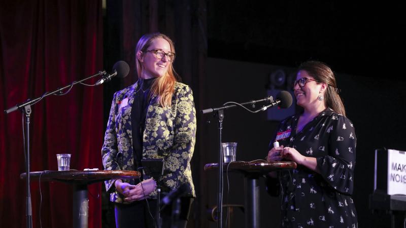 Contestants Jamie Wernet and Fiona Finlay-Hunt play games on Ask Me Another at the Bell House in Brooklyn, New York. Contestants Jamie Wernet and Fiona Finlay-Hunt play games on Ask Me Another at the Bell House in Brooklyn, New York.
