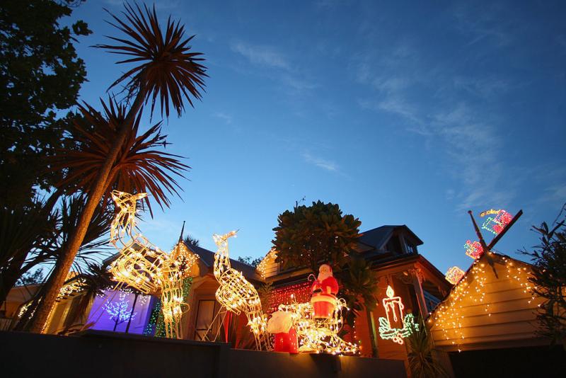 Christmas lights and decorations adorn a house in Auckland, New Zealand, in 2009. Christmas lights and decorations adorn a house in Auckland, New Zealand, in 2009.