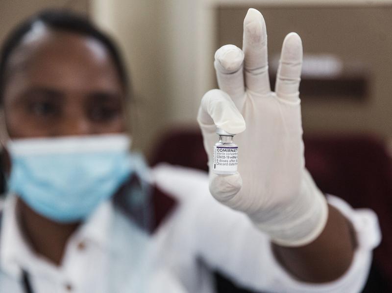 A vile containing Pfizer vaccine to be administered is seen ahead of the launch of the VaxuMzansi National Vaccine Day Campaign in South Africa on Sept. 24, 2021. A vile containing Pfizer vaccine to be administered is seen ahead of the launch of the VaxuMzansi National Vaccine Day Campaign in South Africa on Sept. 24, 2021.
