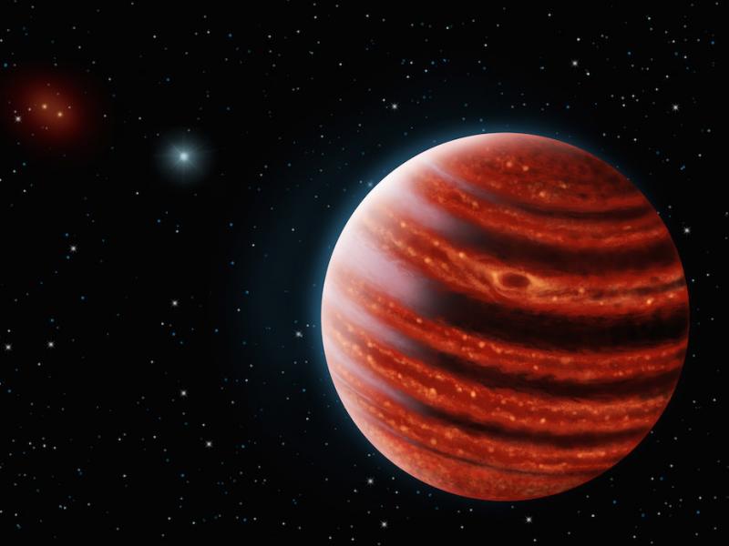 An artistic conception of the Jupiter-like exoplanet, 51 Eridani b, seen in the near-infrared light that shows the hot layers deep in its atmosphere glowing through clouds. An artistic conception of the Jupiter-like exoplanet, 51 Eridani b, seen in the near-infrared light that shows the hot layers deep in its atmosphere glowing through clouds.