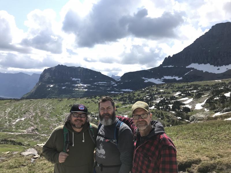 Jeff Tweedy, Nick Offerman and George Saunders at Glacier National Park. Jeff Tweedy, Nick Offerman and George Saunders at Glacier National Park.