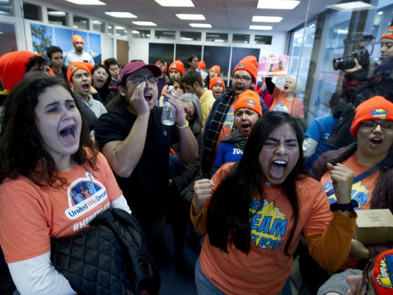 Demonstrators protest at Sen. Dean Heller's, R-Nev., office in support of the Deferred Action for Childhood Arrivals (DACA), and Temporary Protected Status (TPS), programs on Capitol Hill on Tuesday. Demonstrators protest at Sen. Dean Heller's, R-Nev., office in support of the Deferred Action for Childhood Arrivals (DACA), and Temporary Protected Status (TPS), programs on Capitol Hill on Tuesday.