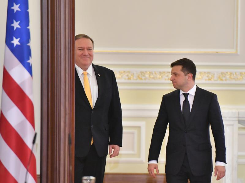 Secretary of State Mike Pompeo (left) and Ukrainian President Volodymyr Zelenskiy arrive for a joint news conference in Kyiv, Ukraine, on Jan. 31. Secretary of State Mike Pompeo (left) and Ukrainian President Volodymyr Zelenskiy arrive for a joint news conference in Kyiv, Ukraine, on Jan. 31.