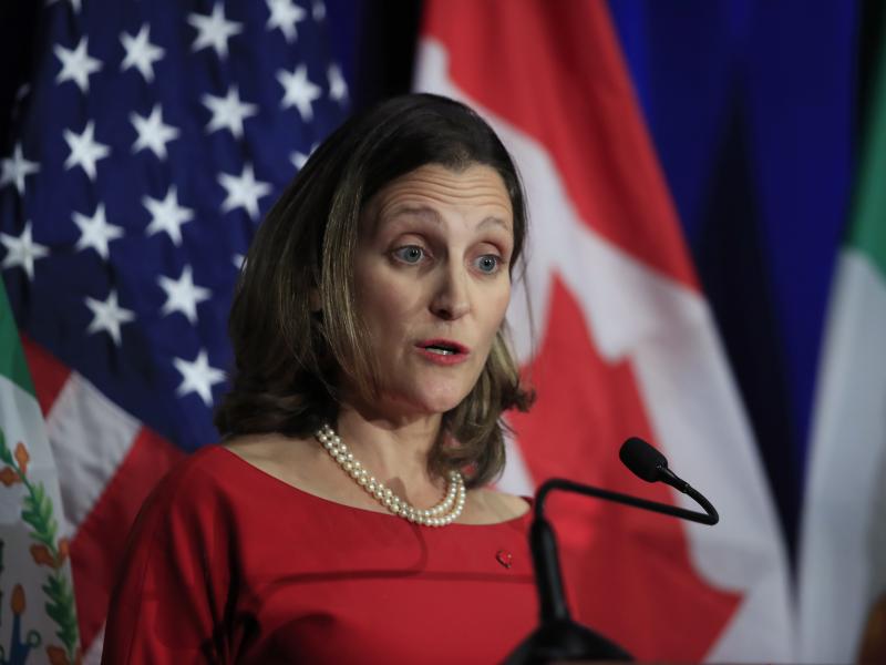 Canadian Minister of Foreign Affairs Chrystia Freeland speaks during negotiations for a new North American Free Trade Agreement in October. "We know that a win-win-win agreement is within reach and that is what we are working toward," she said Friday. Canadian Minister of Foreign Affairs Chrystia Freeland speaks during negotiations for a new North American Free Trade Agreement in October. "We know that a win-win-win agreement is within reach and that is what we are working toward," she said Friday.
