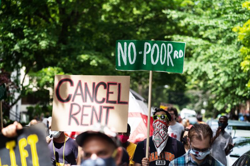 Demonstrators march in Chicago's Old Town neighborhood in June to demand a lifting of the Illinois rent control ban and a cancellation of rent and mortgage payments. The pandemic's financial pressures are causing many Americans to struggle with rent payme Demonstrators march in Chicago's Old Town neighborhood in June to demand a lifting of the Illinois rent control ban and a cancellation of rent and mortgage payments. The pandemic's financial pressures are causing many Americans to struggle with rent payme