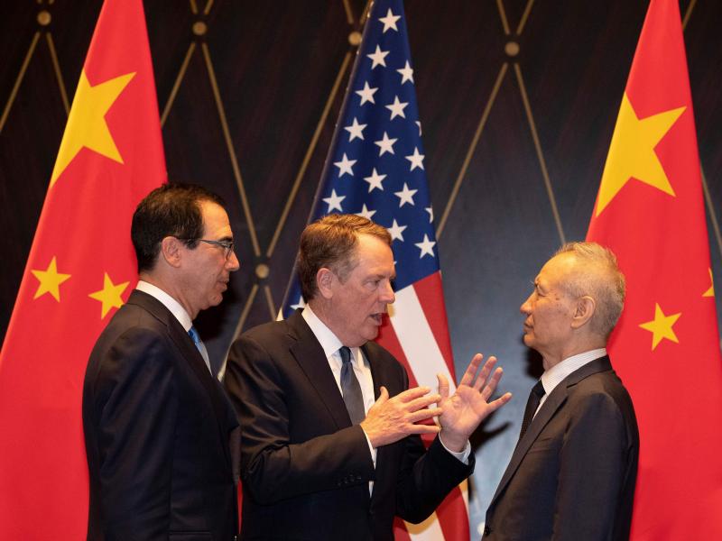U.S. Treasury Secretary Steven Mnuchin (left) looks on as U.S. Trade Representative Robert Lighthizer speaks with and Chinese Vice Premier Liu He in Shanghai on Wednesday. U.S. Treasury Secretary Steven Mnuchin (left) looks on as U.S. Trade Representative Robert Lighthizer speaks with and Chinese Vice Premier Liu He in Shanghai on Wednesday.