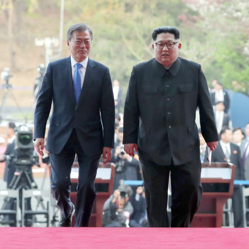 North Korean leader Kim Jong Un and South Korean President Moon Jae-in during the Inter-Korean Summit in April of last year in Panmunjom, South Korea. North Korean leader Kim Jong Un and South Korean President Moon Jae-in during the Inter-Korean Summit in April of last year in Panmunjom, South Korea.