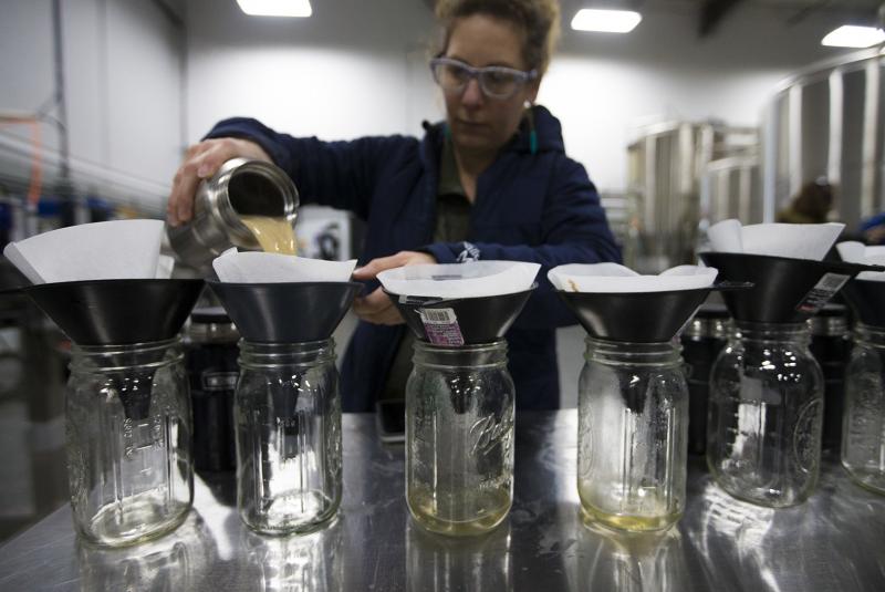 Andrea Stanley of Valley Malt in Hadley, Mass., steeps small amounts of malt as part of the international Pink Boots Collaboration Brew Day, an event meant to highlight women's growing influence on the beer industry. Andrea Stanley of Valley Malt in Hadley, Mass., steeps small amounts of malt as part of the international Pink Boots Collaboration Brew Day, an event meant to highlight women's growing influence on the beer industry.