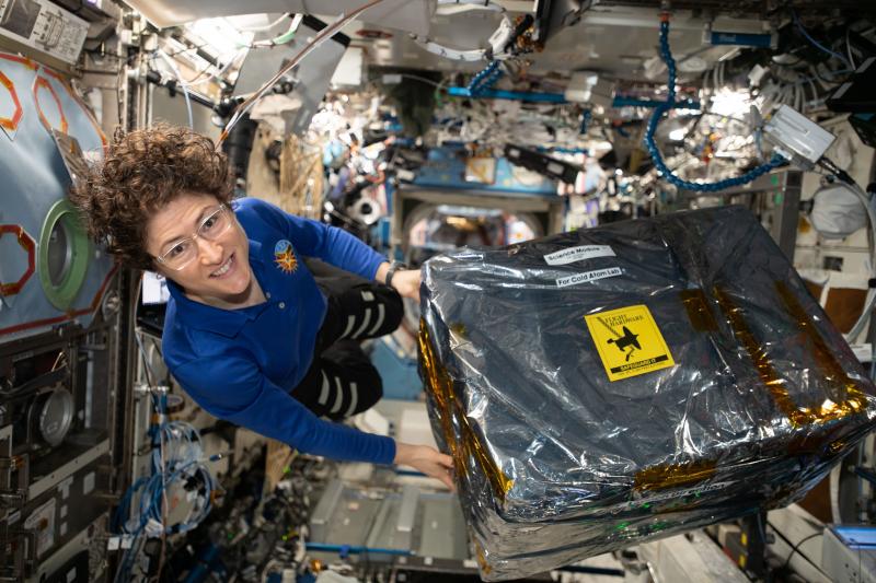 NASA astronaut and Expedition 61 Flight Engineer Christina Koch handles science hardware stowed inside a cargo transfer bag retrieved from the SpaceX Dragon resupply ship in December 2019. NASA astronaut and Expedition 61 Flight Engineer Christina Koch handles science hardware stowed inside a cargo transfer bag retrieved from the SpaceX Dragon resupply ship in December 2019.