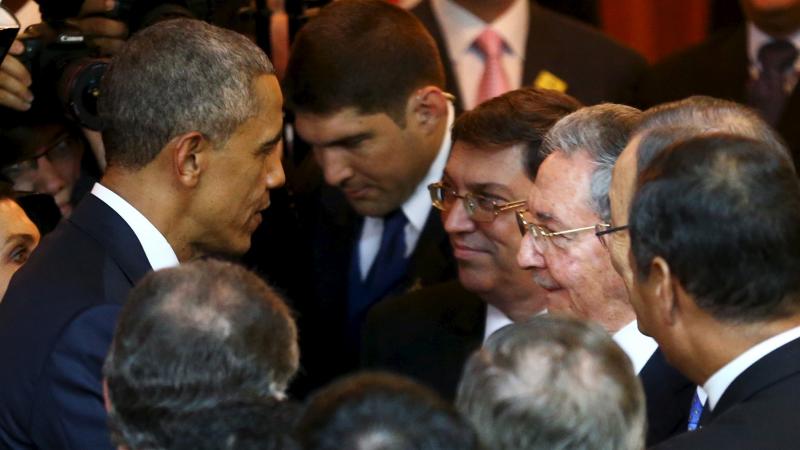 President Obama talks with Cuban counterpart Raul Castro before Friday's inauguration of the VII Summit of the Americas in Panama City. President Obama talks with Cuban counterpart Raul Castro before Friday's inauguration of the VII Summit of the Americas in Panama City.