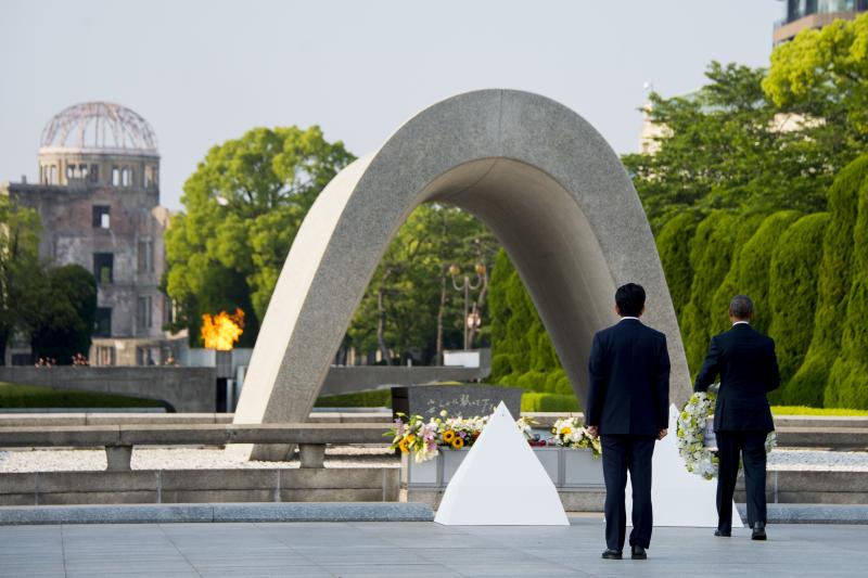 President Obama and Japanese Prime Minister Shinzo Abe lay wreaths at the Hiroshima Peace Memorial Park in Hiroshima on Friday. President Obama and Japanese Prime Minister Shinzo Abe lay wreaths at the Hiroshima Peace Memorial Park in Hiroshima on Friday.