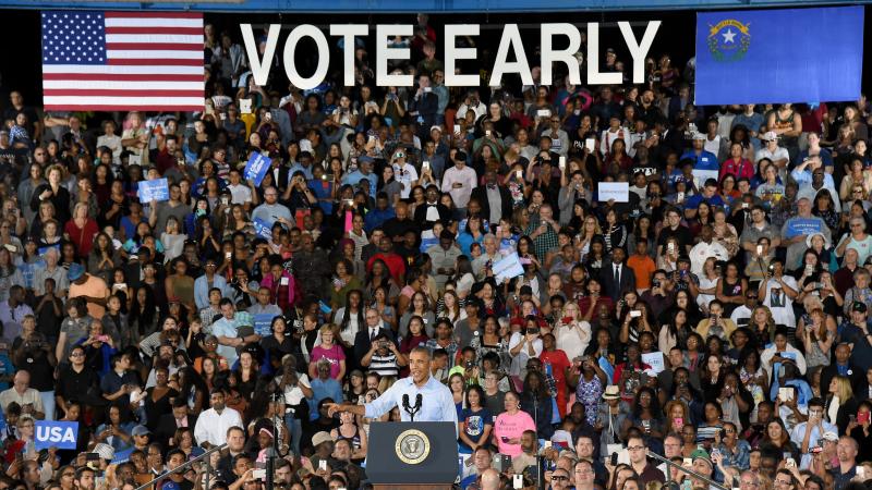 President Barack Obama speaks during a campaign rally for Democratic presidential nominee Hillary Clinton at Cheyenne High School on Oct. 23 in North Las Vegas, Nev. President Barack Obama speaks during a campaign rally for Democratic presidential nominee Hillary Clinton at Cheyenne High School on Oct. 23 in North Las Vegas, Nev.