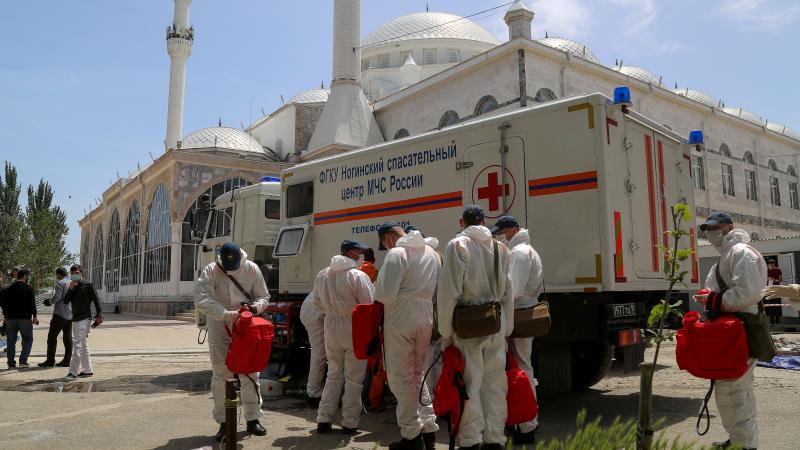 Russian Emergency Situations Ministry employees carry out the disinfection of a mosque in Makhachkala, Dagestan's capital. Russian Emergency Situations Ministry employees carry out the disinfection of a mosque in Makhachkala, Dagestan's capital.