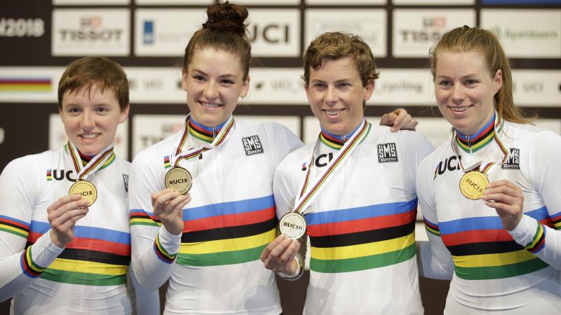 Cyclist Kelly Catlin (left) with her U.S. teammates after they won team pursuit gold medals at the world championships in the Netherlands last year. Cyclist Kelly Catlin (left) with her U.S. teammates after they won team pursuit gold medals at the world championships in the Netherlands last year.