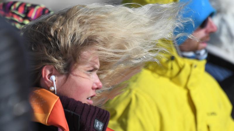Norway's Silje Norendal's hair blows in the strong wind during the women's snowboard slopestyle final event at the Phoenix Snow Park during the Pyeongchang 2018 Winter Olympic Games on Monday. Norway's Silje Norendal's hair blows in the strong wind during the women's snowboard slopestyle final event at the Phoenix Snow Park during the Pyeongchang 2018 Winter Olympic Games on Monday.