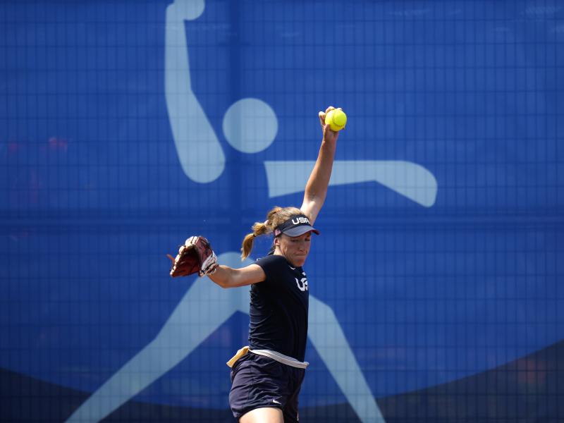 United States pitcher Monica Abbott trains at the Fukushima Azuma Baseball Stadium ahead of the 2020 Summer Olympics, Tuesday, July 20, 2021, in Fukushima, Japan. United States pitcher Monica Abbott trains at the Fukushima Azuma Baseball Stadium ahead of the 2020 Summer Olympics, Tuesday, July 20, 2021, in Fukushima, Japan.