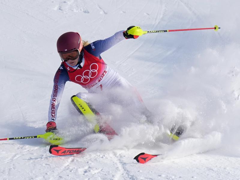 Three-time Olympic medalist Mikaela Shiffrin skis out in the first run of the women's slalom at the 2022 Winter Olympics, Wednesday on Feb. 9, 2022. Three-time Olympic medalist Mikaela Shiffrin skis out in the first run of the women's slalom at the 2022 Winter Olympics, Wednesday on Feb. 9, 2022.