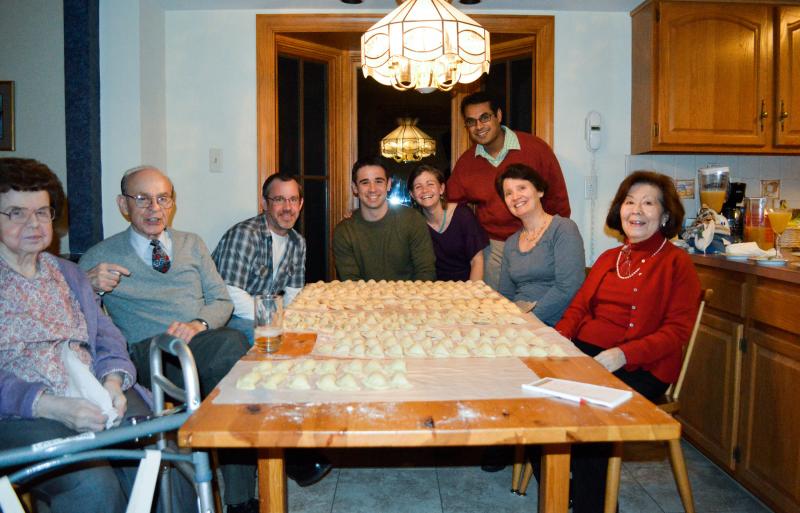 The author and her family gathered around their prized Christmas Eve pierogi in 2012. On the far left is "Grandmom" Cecelia Beans. The author and her family gathered around their prized Christmas Eve pierogi in 2012. On the far left is "Grandmom" Cecelia Beans.