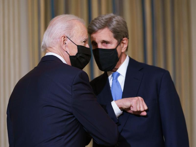 President Biden greets Special Presidential Envoy for Climate John Kerry in January. President Biden greets Special Presidential Envoy for Climate John Kerry in January.