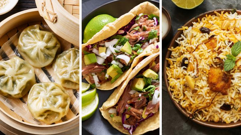 (Left) Steamed dumplings (Center) Pork tacos (Right) Fish Biryani with basmati rice. (Left) Steamed dumplings (Center) Pork tacos (Right) Fish Biryani with basmati rice.