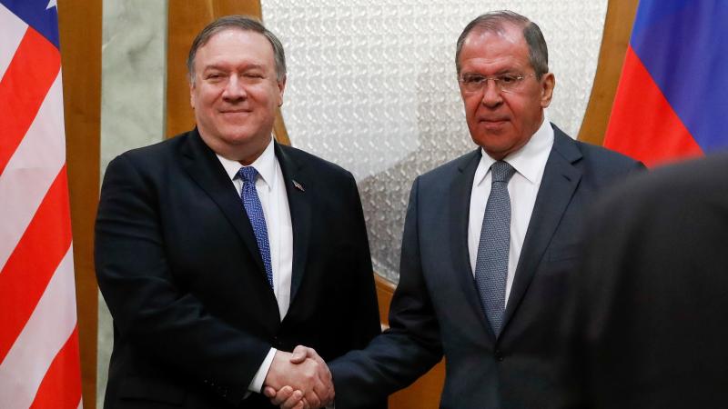 Secretary of State Mike Pompeo and Russian Foreign Minister Sergei Lavrov shake hands during their meeting in Sochi Tuesday. Secretary of State Mike Pompeo and Russian Foreign Minister Sergei Lavrov shake hands during their meeting in Sochi Tuesday.