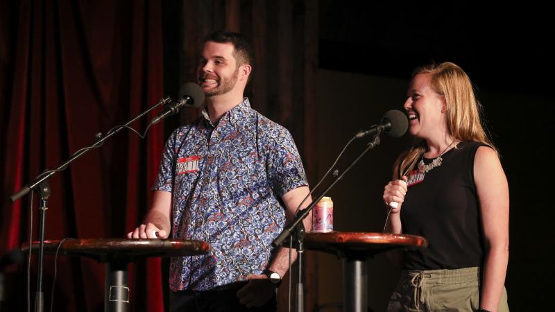 Contestants Brett Greenfield and Ashley Davis appear on Ask Me Another at the Bell House in Brooklyn, New York. Contestants Brett Greenfield and Ashley Davis appear on Ask Me Another at the Bell House in Brooklyn, New York.