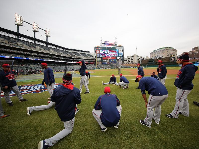 The Minnesota Twins warm up before their Opening Day game against the Detroit Tigers at Comerica Park in Detroit Monday. The Minnesota Twins warm up before their Opening Day game against the Detroit Tigers at Comerica Park in Detroit Monday.