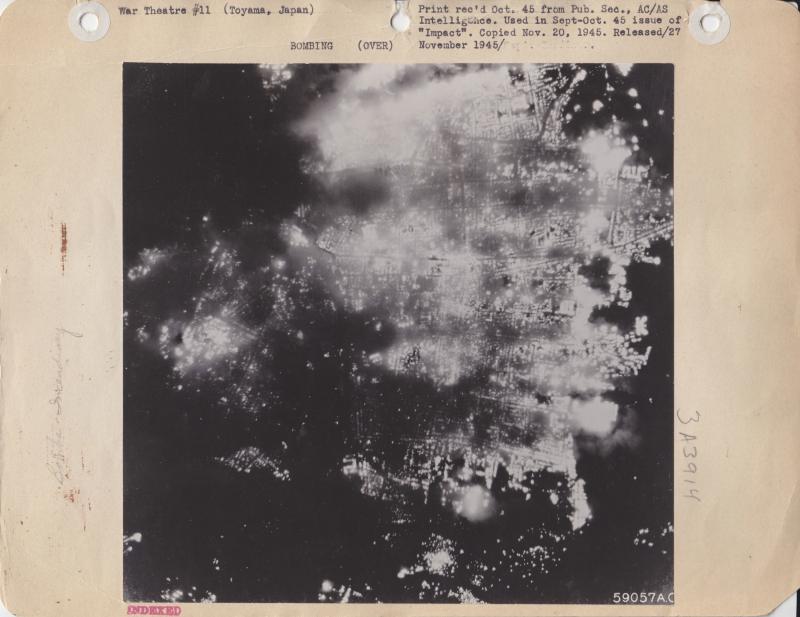A photograph shows Toyama, Japan, aflame after the U.S. attack on Aug. 1, 1945. Most of the city's population was left homeless. A photograph shows Toyama, Japan, aflame after the U.S. attack on Aug. 1, 1945. Most of the city's population was left homeless.