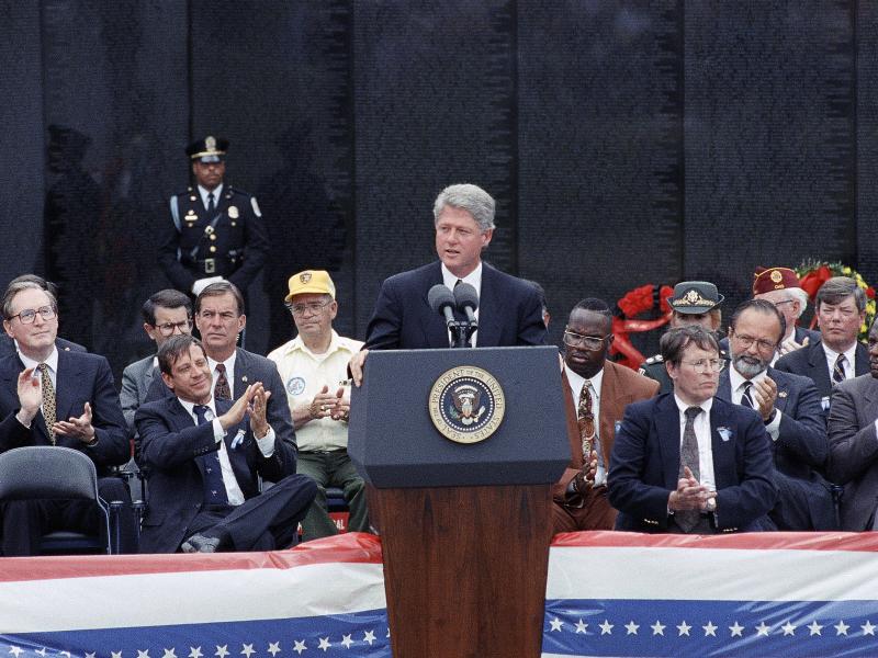 President Bill Clinton delivers a speech during Memorial Day ceremonies at the Vietnam Veterans Memorial in 1993. President Bill Clinton delivers a speech during Memorial Day ceremonies at the Vietnam Veterans Memorial in 1993.