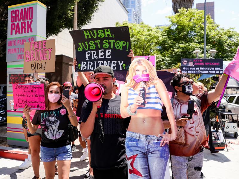 Supporters of Britney Spears protesting during her conservatorship hearing in Los Angeles on Wednesday. Supporters of Britney Spears protesting during her conservatorship hearing in Los Angeles on Wednesday.