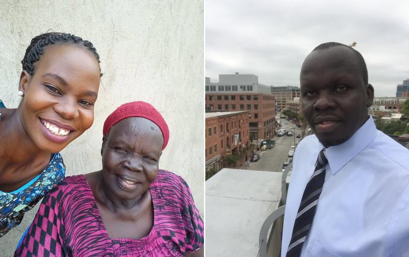 Elizabeth (in purple), who lives in South Sudan, is undecided about getting a COVID vaccine. She's heard rumors that make her think it's not a good idea. Her daughter, Nancy, (left) is newly vaccinated. Her son, Dr. Edward Kenyi, is lobbying his "mum" to Elizabeth (in purple), who lives in South Sudan, is undecided about getting a COVID vaccine. She's heard rumors that make her think it's not a good idea. Her daughter, Nancy, (left) is newly vaccinated. Her son, Dr. Edward Kenyi, is lobbying his "mum" to