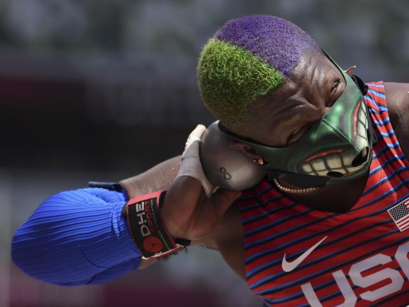 U.S. shot putter Raven Saunders competes in the final at the Summer Olympics on Sunday in Tokyo. U.S. shot putter Raven Saunders competes in the final at the Summer Olympics on Sunday in Tokyo.