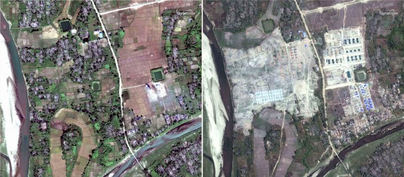 On the left, a satellite image of the village of Thit Tone Nar Gwa Son on Dec. 2; on the right, the same village seen from space earlier this week. Human rights advocates say the government is destroying what amounts to scores of crime scenes before any c On the left, a satellite image of the village of Thit Tone Nar Gwa Son on Dec. 2; on the right, the same village seen from space earlier this week. Human rights advocates say the government is destroying what amounts to scores of crime scenes before any c