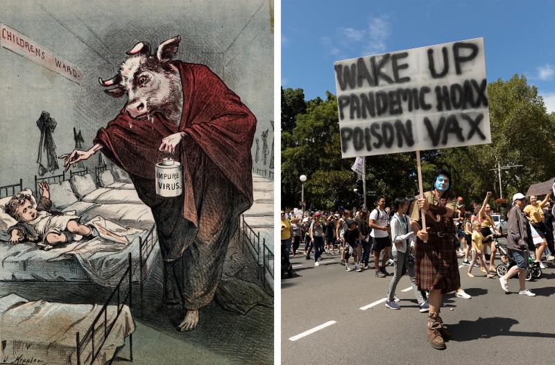 Left: A drawing of a human with a cow head holding a needle menacingly toward a child as he administers a tainted smallpox vaccination was meant to sow distrust of smallpox vaccines. Right: Protesters against COVID-19 vaccinations hold a rally in Sydney i Left: A drawing of a human with a cow head holding a needle menacingly toward a child as he administers a tainted smallpox vaccination was meant to sow distrust of smallpox vaccines. Right: Protesters against COVID-19 vaccinations hold a rally in Sydney i