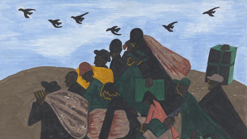 Each of the 60 paintings in Jacob Lawrence's Great Migration series is accompanied with a caption. For this panel, he wrote in 1941: "In every town Negroes were leaving by the hundreds to go North and enter into Northern industry." Each of the 60 paintings in Jacob Lawrence's Great Migration series is accompanied with a caption. For this panel, he wrote in 1941: "In every town Negroes were leaving by the hundreds to go North and enter into Northern industry."