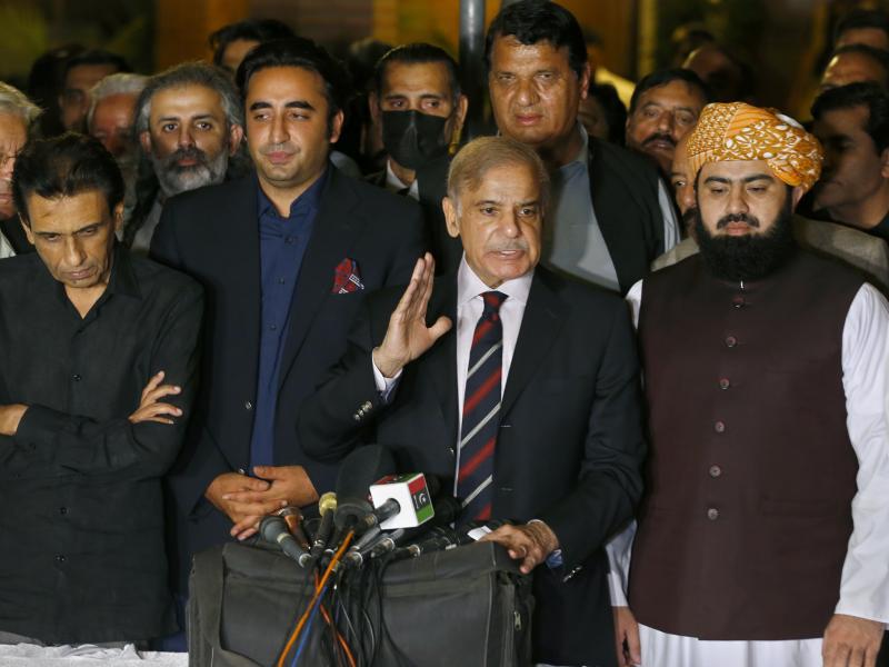 Pakistan's opposition leader Shahbaz Sharif, center, speaks while other opposition parties leader watch during a press conference after the Supreme Court decision, in Islamabad, Pakistan, on April 7, 2022. Pakistan's opposition leader Shahbaz Sharif, center, speaks while other opposition parties leader watch during a press conference after the Supreme Court decision, in Islamabad, Pakistan, on April 7, 2022.