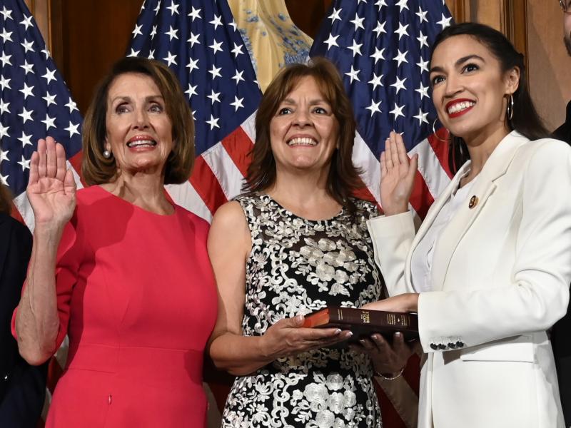 House Speaker Nancy Pelosi of California (left) is trying to move on from a public clash with Rep. Alexandria Ocasio-Cortez, D-N.Y., (right) and other progressives. House Speaker Nancy Pelosi of California (left) is trying to move on from a public clash with Rep. Alexandria Ocasio-Cortez, D-N.Y., (right) and other progressives.