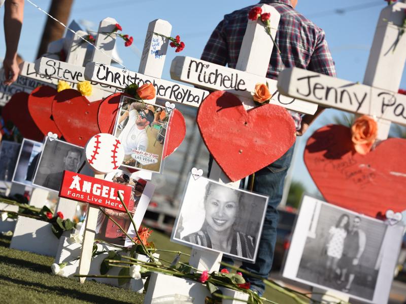 Some of the 58 white crosses for the victims of Sunday night's mass shooting last Sunday, on the Las Vegas Strip south of the Mandalay Bay hotel on Friday. "Their names and their stories will forever be etched into the hearts of the American people," Vice Some of the 58 white crosses for the victims of Sunday night's mass shooting last Sunday, on the Las Vegas Strip south of the Mandalay Bay hotel on Friday. "Their names and their stories will forever be etched into the hearts of the American people," Vice