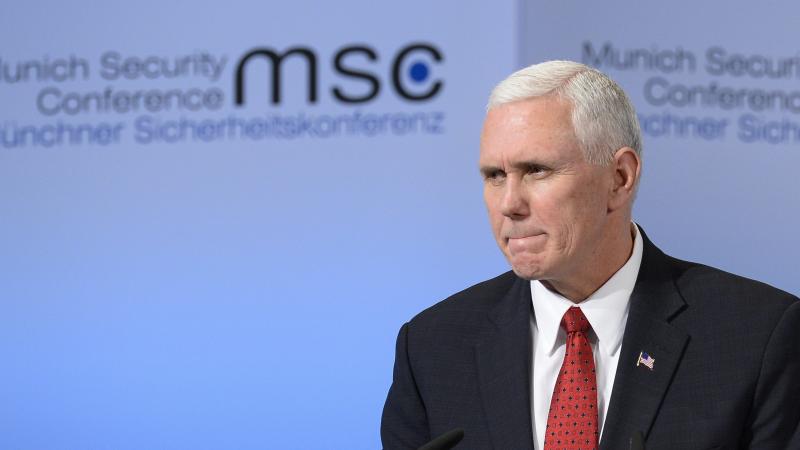 In a speech in Munich Saturday, Vice President Mike Pence said the U.S. "strongly supports" NATO. In a speech in Munich Saturday, Vice President Mike Pence said the U.S. "strongly supports" NATO.