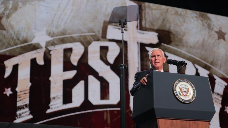 Vice President Mike Pence speaks at the Southern Baptist Convention meeting on Wednesday in Dallas. Vice President Mike Pence speaks at the Southern Baptist Convention meeting on Wednesday in Dallas.