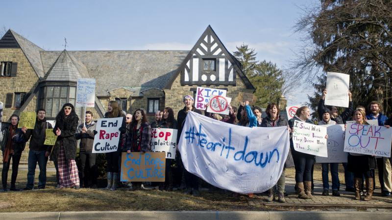 After news broke in March of a private Facebook page that collected nude photos of women, protesters gathered outside Kappa Delta Rho fraternity at Penn State. The school has banned the chapter for three years. After news broke in March of a private Facebook page that collected nude photos of women, protesters gathered outside Kappa Delta Rho fraternity at Penn State. The school has banned the chapter for three years.